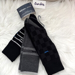 MICHAEL KORS 3 Pairs Men's Dress Crew Socks Black Gray Stretch Smooth Toe New